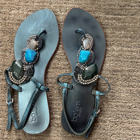 Black and Blue Sandals with Turquoise Embellishment - Picture 1 of 3